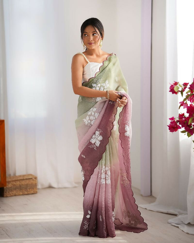 Pista and Wine Crunchy Crush Pedding Color Embroidery Work Party Wear Saree - Zuleika | Grocsy