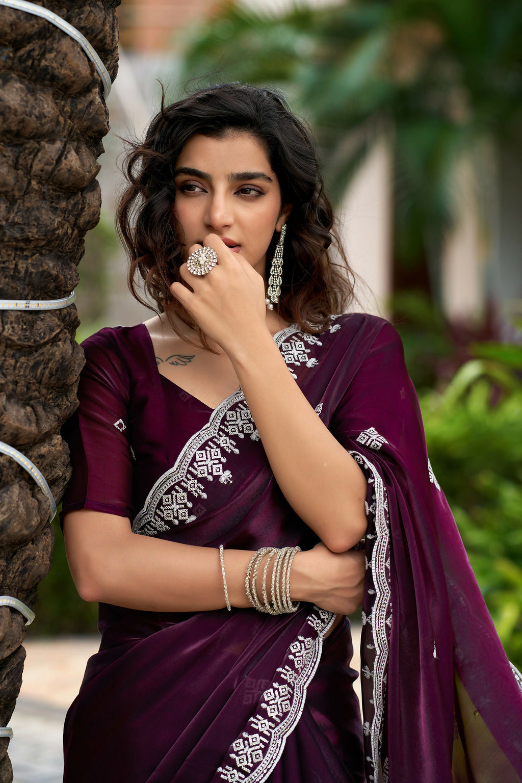 Vastranavya Wine Embroidery Work Shimmer Chiffon Saree with Unstitched Blouse | Grocsy
