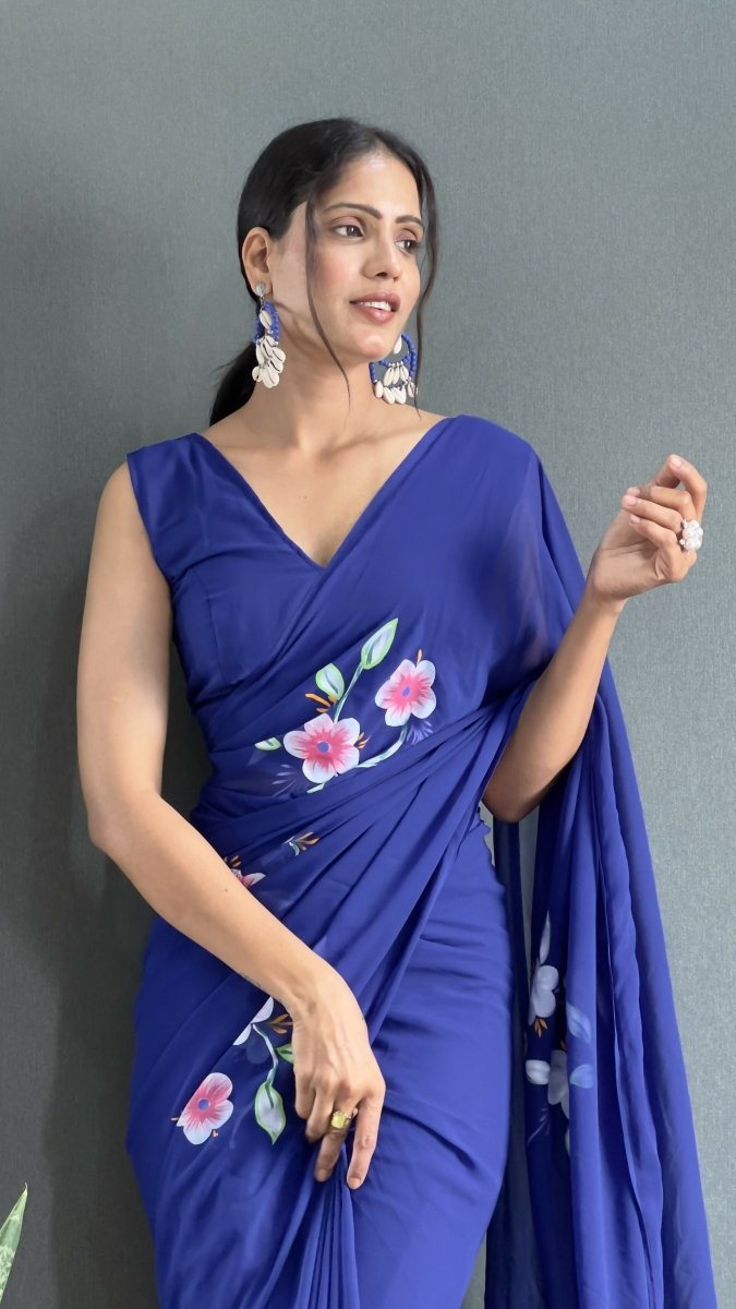 Aayaa Designer 1 min Hand Painted Ready to Wear saree - Navy Blue | Grocsy