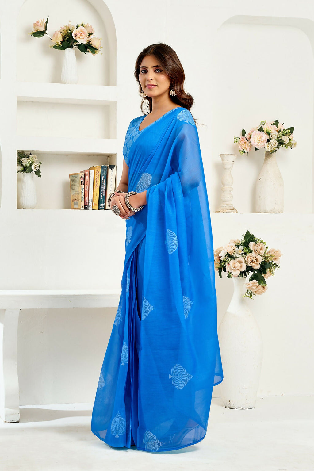 Vastranavya Blue Digital Printed Linen Ready To Wear Designer Saree with Unstitched Blouse | Grocsy