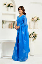 Vastranavya Blue Digital Printed Linen Ready To Wear Designer Saree with Unstitched Blouse | Grocsy