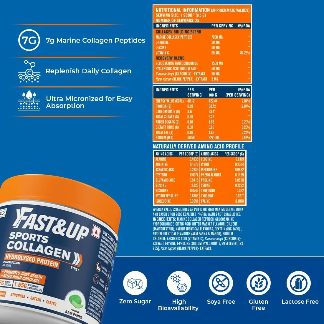 Fast&Up Sports Collagen Protein 7g Type 1 Marine Collagen Peptides | Grocsy