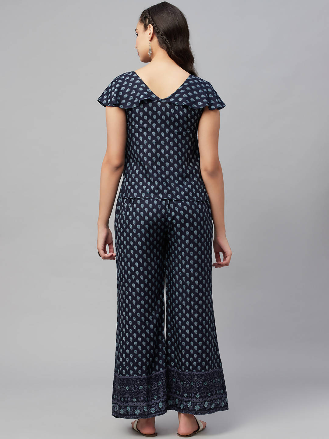 Myshka Women Blue Printed Top Palazzo Set | Grocsy