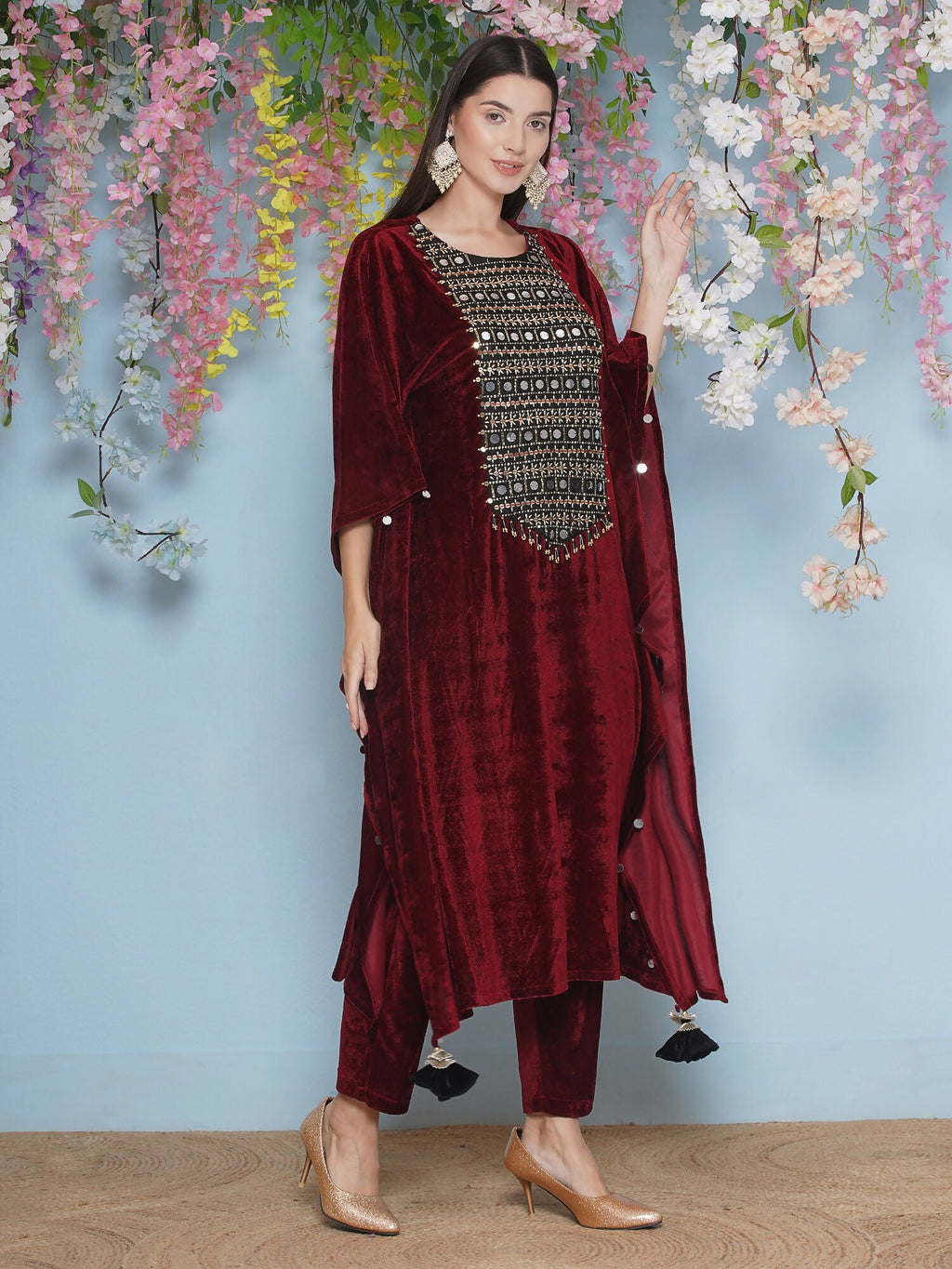 Joban Fashion Maroon Velvet Hand Embellished Kaftaan Set | Grocsy