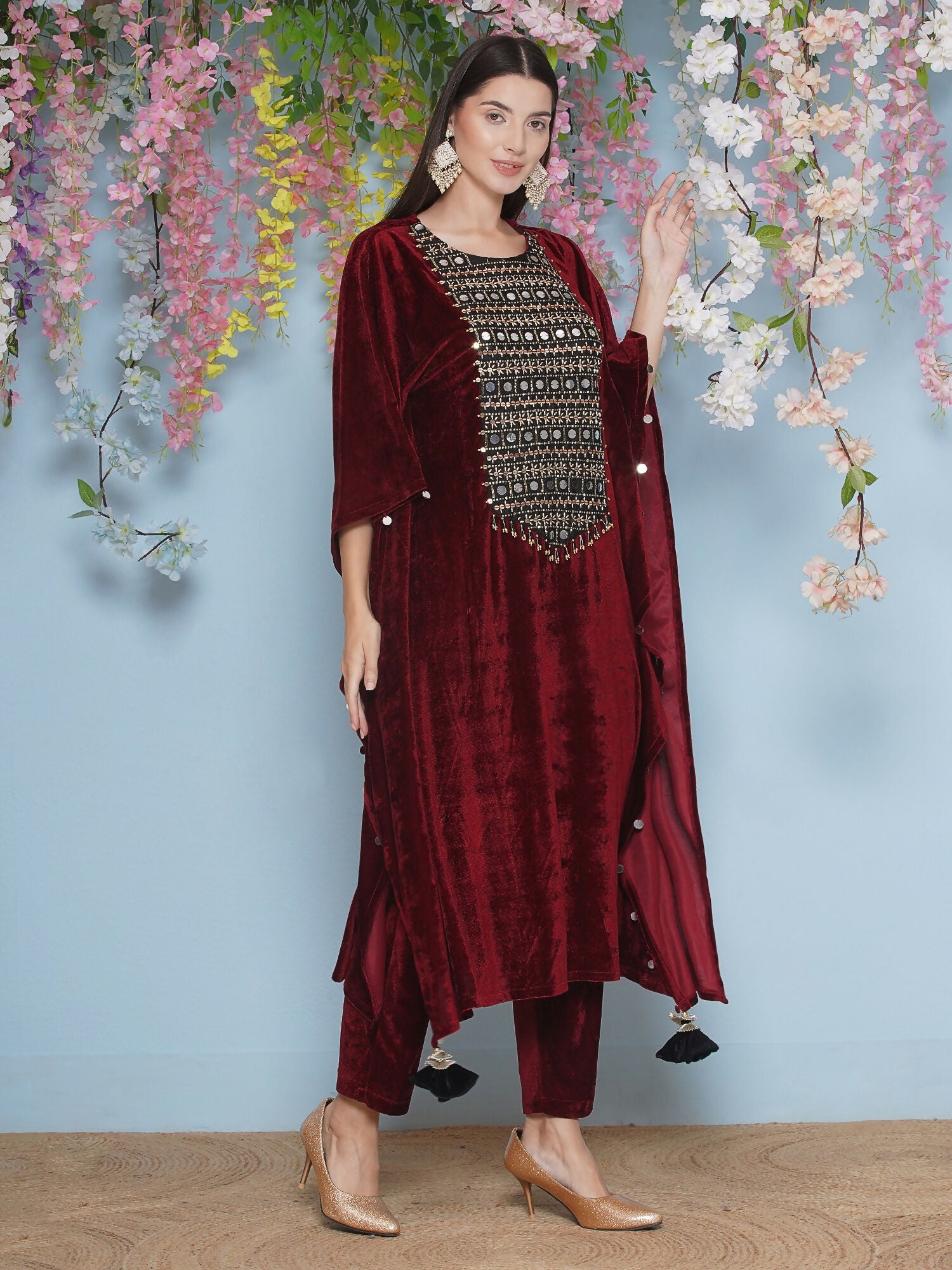 Joban Fashion Maroon Velvet Hand Embellished Kaftaan Set | Grocsy