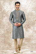 Raivat Ethnic Jacquard Silk Brocade Thread Work Kurta Pajama In Grey Colour | Grocsy