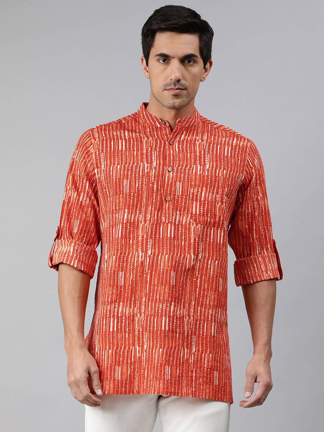 Janasya Men Orange & White Striped Kurta | Grocsy