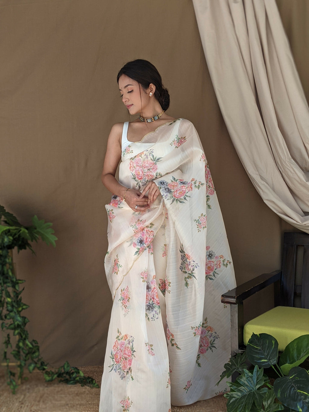 Vamsee Khadi Khatali Cream Khadi Organza Saree | Grocsy
