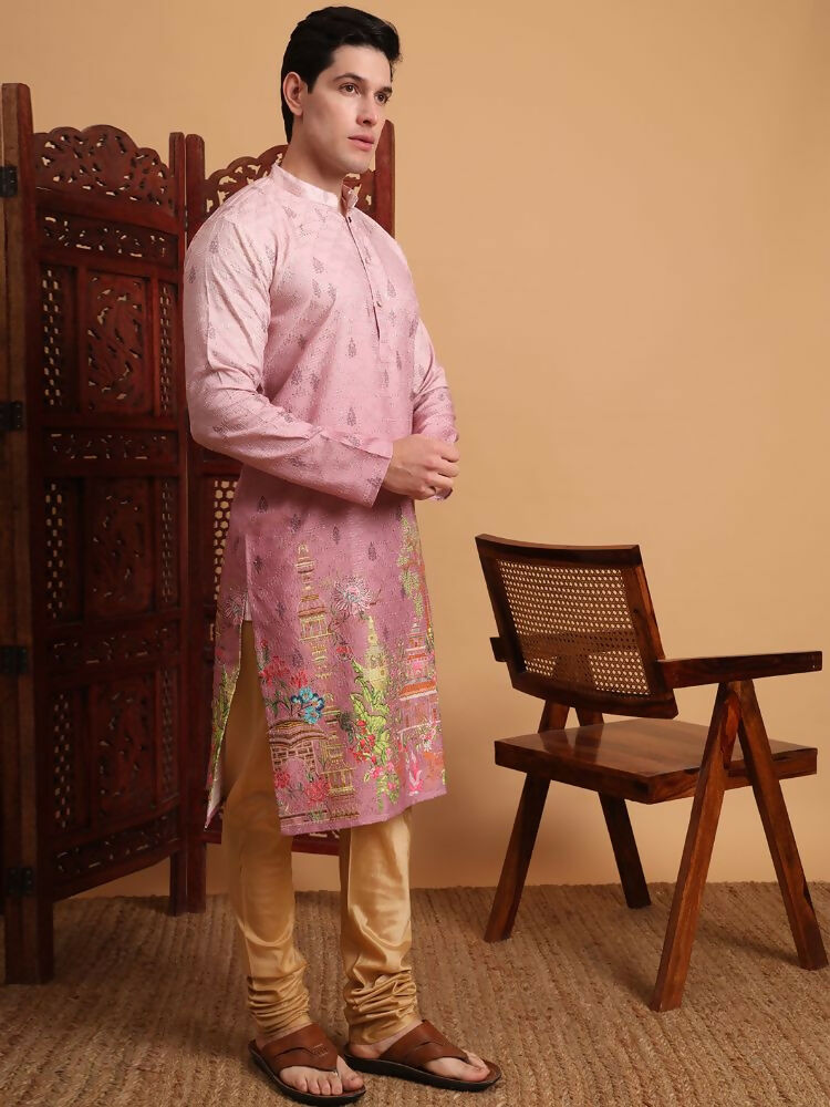 Pink Cotton Printed Chikankari Embroidery Work Kurta - Mahotsav | Grocsy
