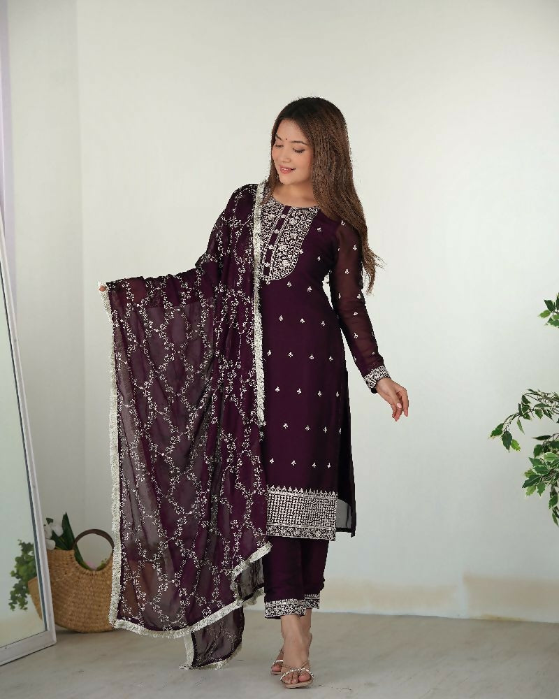Joban Fashion Wine Kurta Set Silk Sequence Embroidery Work | Grocsy