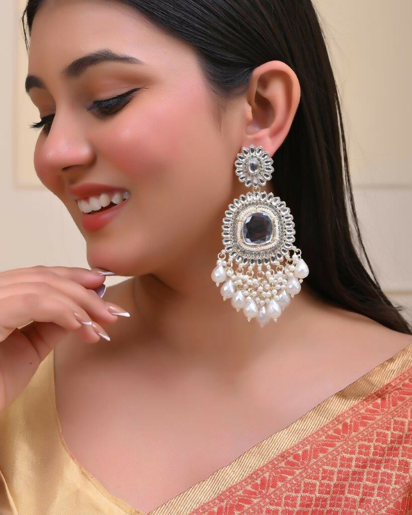 VOJ Gold-Polished Kundan And Stone Studded Drop Earrings