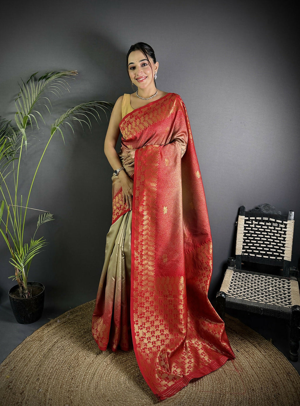 Joban Fashion Beige Handloom Silk Ikkat Saree | Grocsy