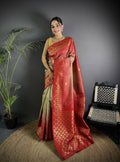 Joban Fashion Beige Handloom Silk Ikkat Saree | Grocsy