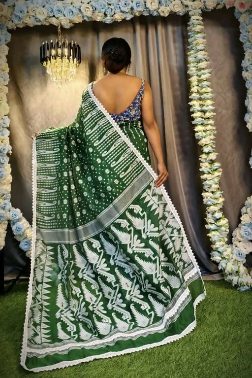Exclusive Collection Beautiful Dark Green Jaal Jamdani Saree | Grocsy