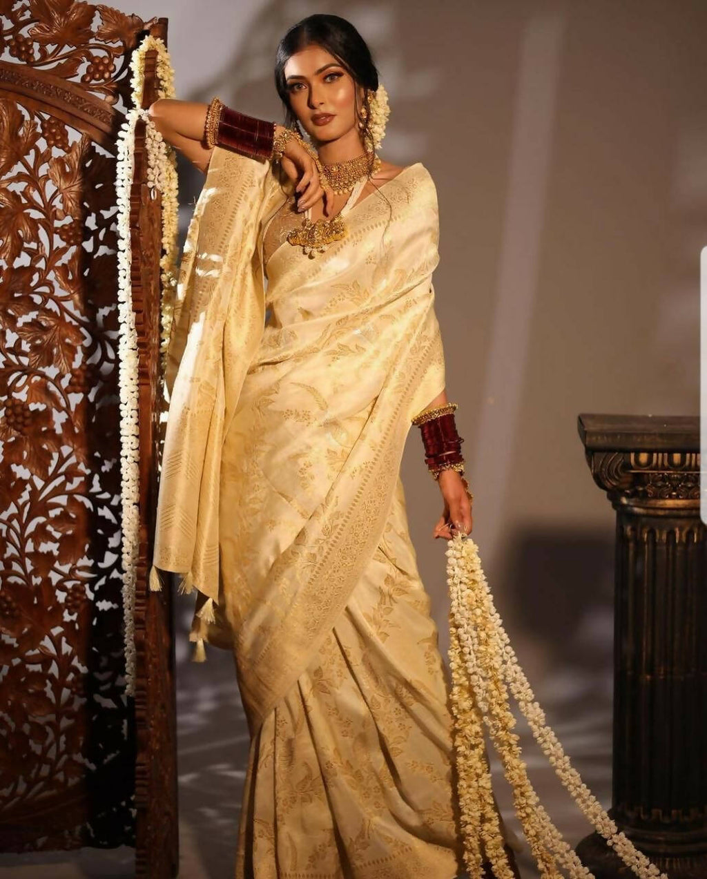 DEIANA'S Beautiful Designer Golden zari Soft Lichi Silk Saree - Cream | Grocsy