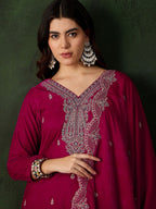 Sangria Floral Embroidered Straight Kurta & Trouser With Dupatta | Grocsy