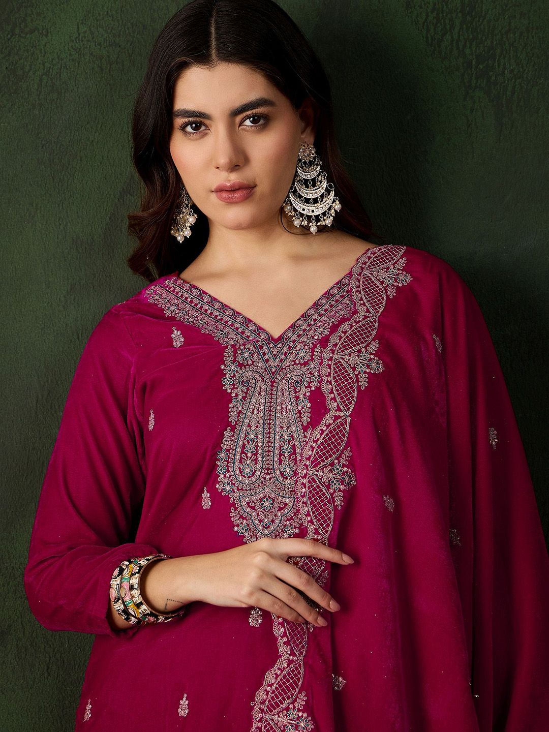 Sangria Floral Embroidered Straight Kurta & Trouser With Dupatta | Grocsy