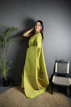 Joban Fashion Light Green Banarasi Soft Lichi Silk Checks & Woven Saree | Grocsy