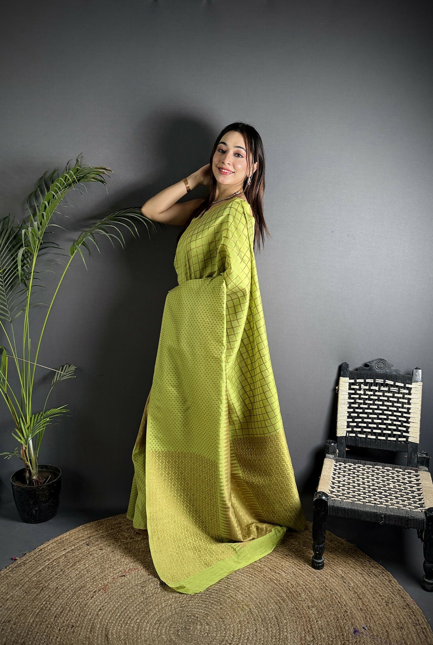 Joban Fashion Light Green Banarasi Soft Lichi Silk Checks & Woven Saree | Grocsy