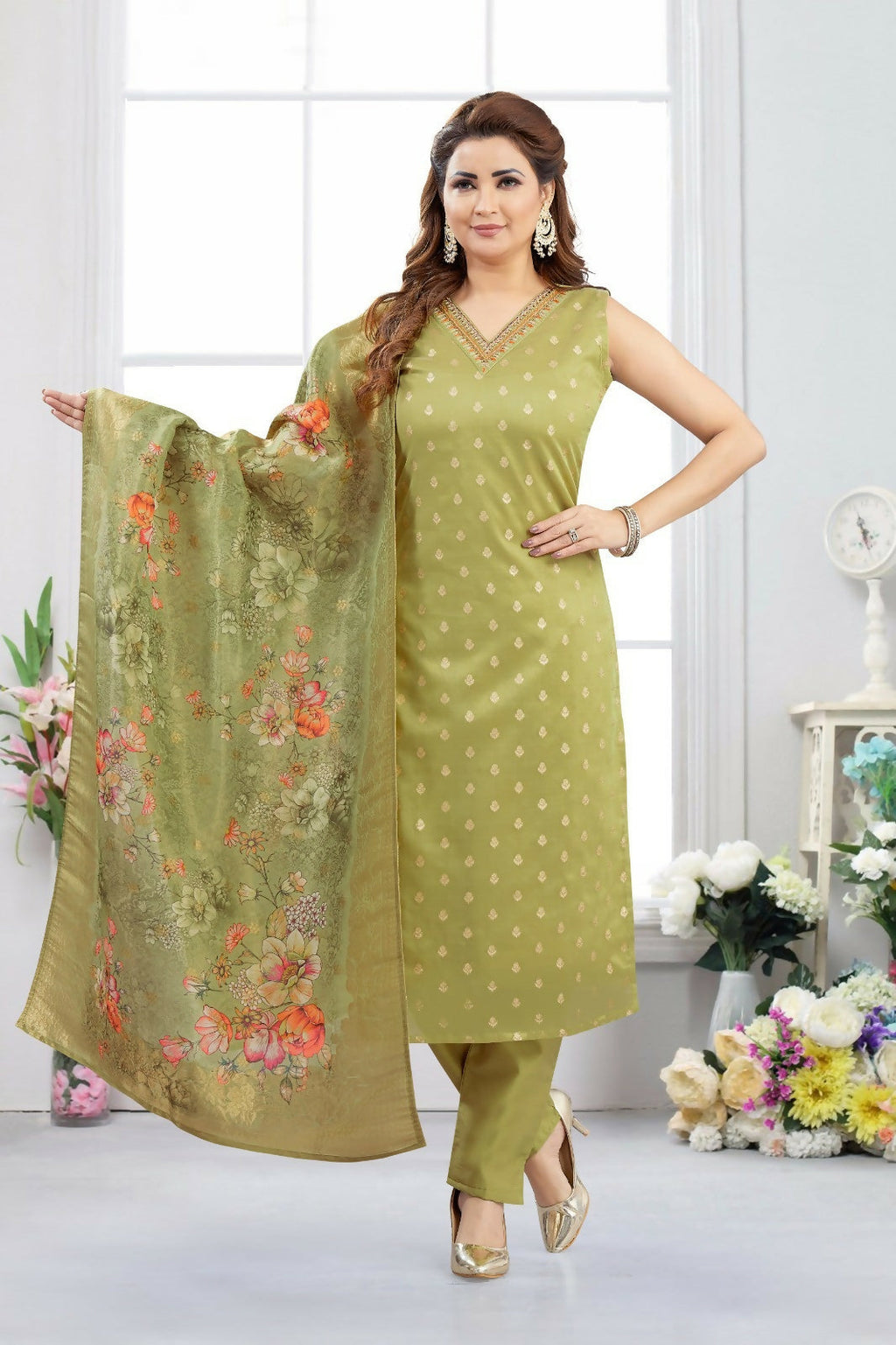 Joban Fashion Jacquard Mehendi Green Color Kurta Set | Grocsy