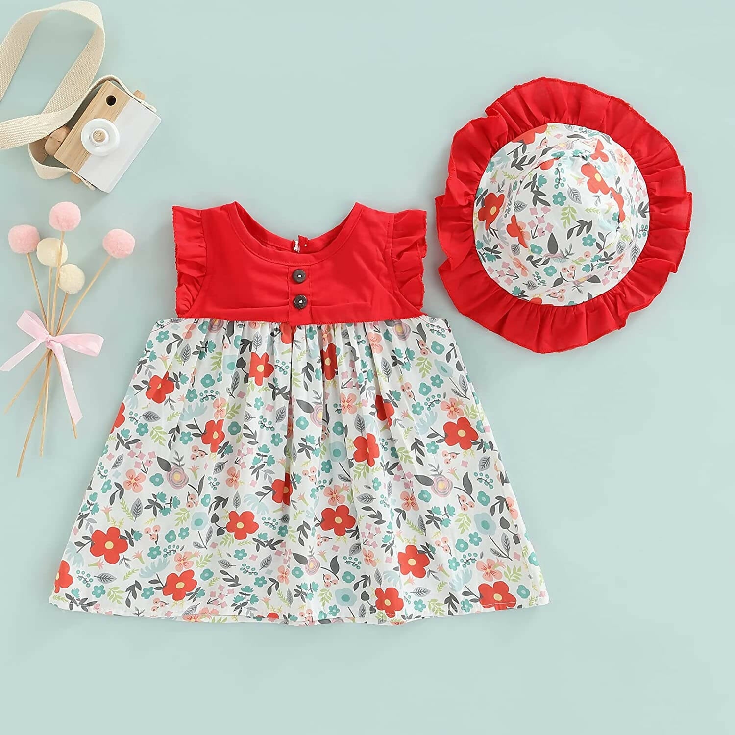 Bold N Elegant Cotton Floral Printed Ruffle Sleeve Princess Dress Frock With Fabric Hat Cap - Red | Grocsy