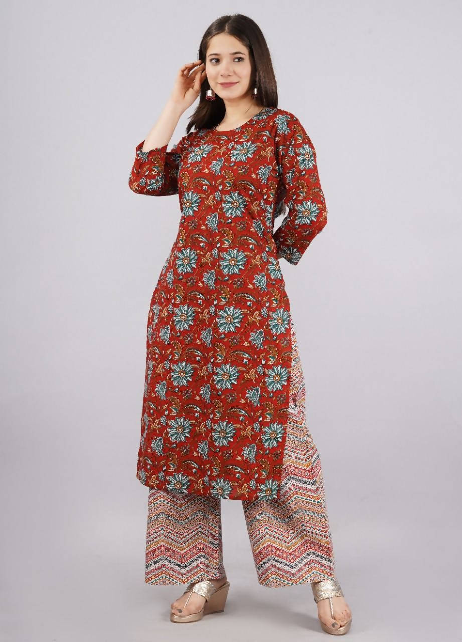 Vamika Printed Cotton Red Party Wear/Casual Wear Kurta Set/Suit | Grocsy