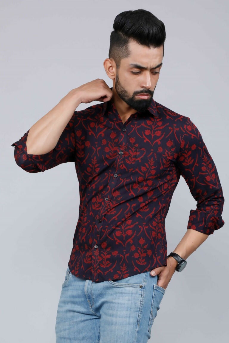 Miravan Men's Maroon Floral Printed Casual Full Sleeves Cotton Shirt | Grocsy