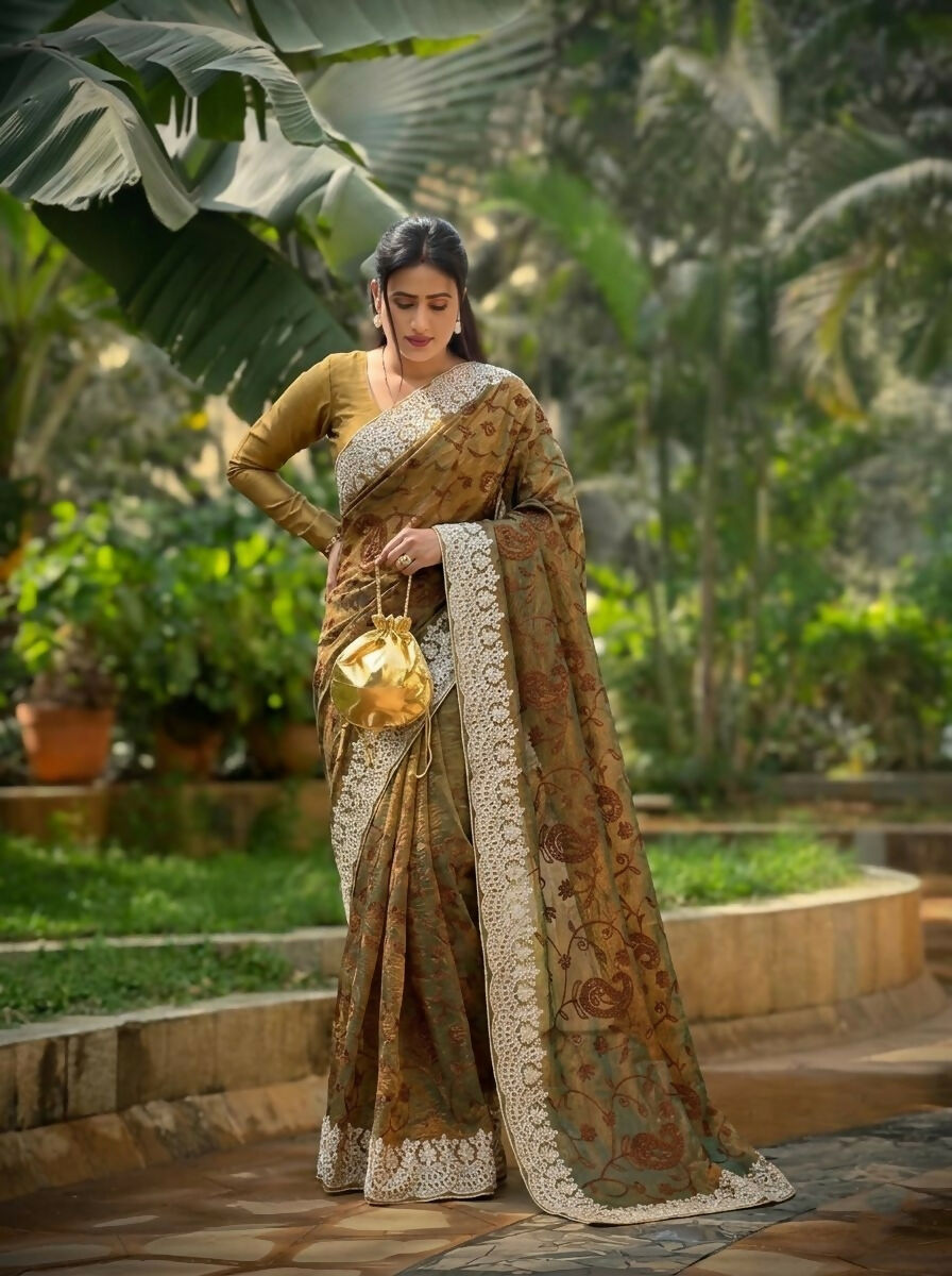 Teeya Creation New Trendy Latest Party Wear Two Tone Twill Net Saree-Gold | Grocsy
