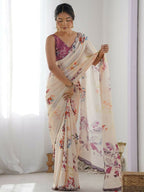 PR Fashion Cream Georgette Digital Print With Mirror Work Saree | Grocsy
