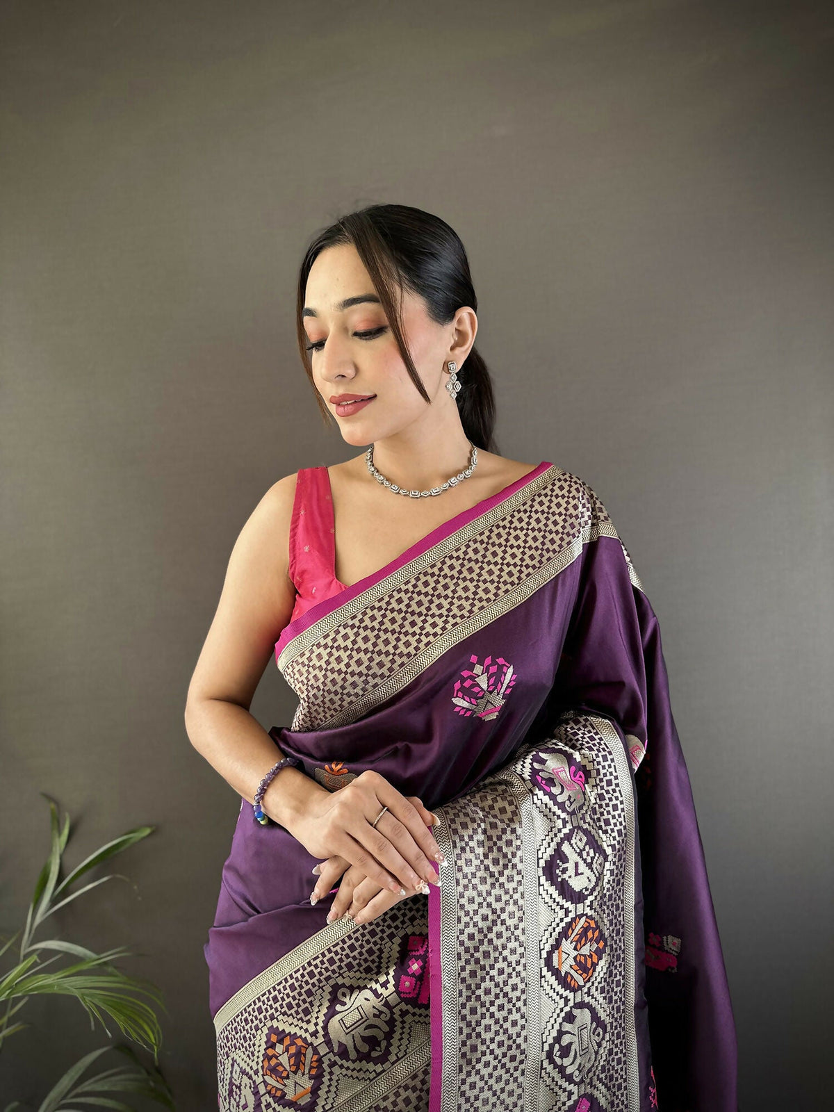 Joban Fashion Wine Elephant & Floral Motifs Soft Lichi Silk Banarasi Saree | Grocsy