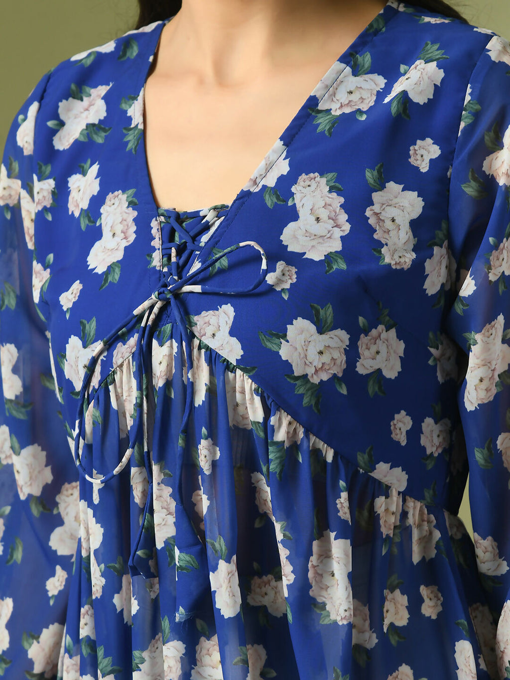 Myshka Women's Blue Printed Georgette A-Line Nyra-cut Kurta | Grocsy