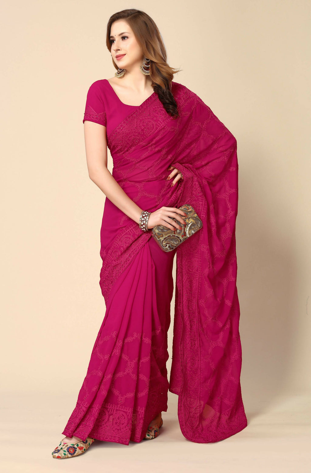 Pink Georgette Embroidered and Stone Work Saree with Unstitched Blouse Piece - Roozal | Grocsy