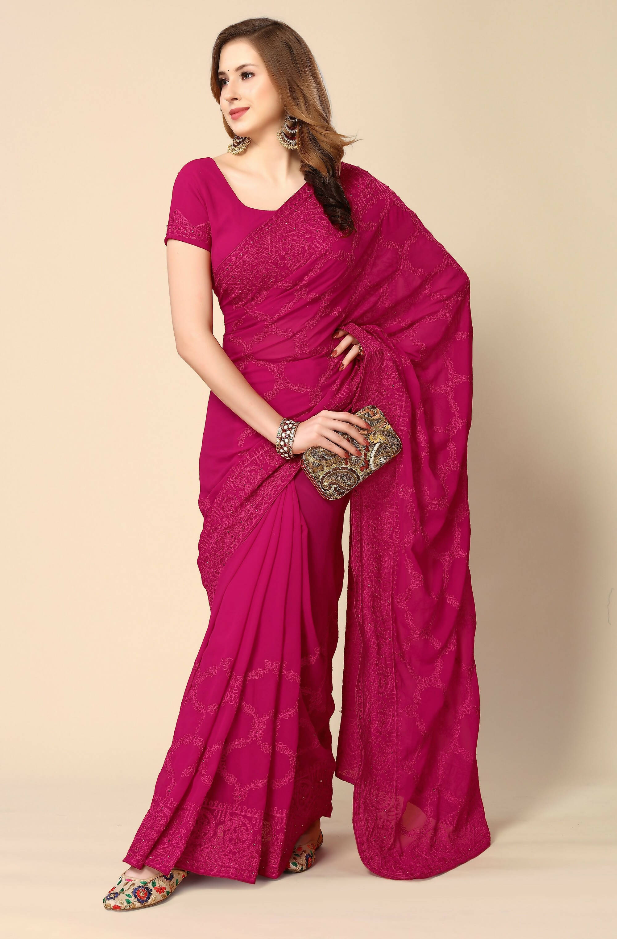 Pink Georgette Embroidered and Stone Work Saree with Unstitched Blouse Piece - Roozal | Grocsy