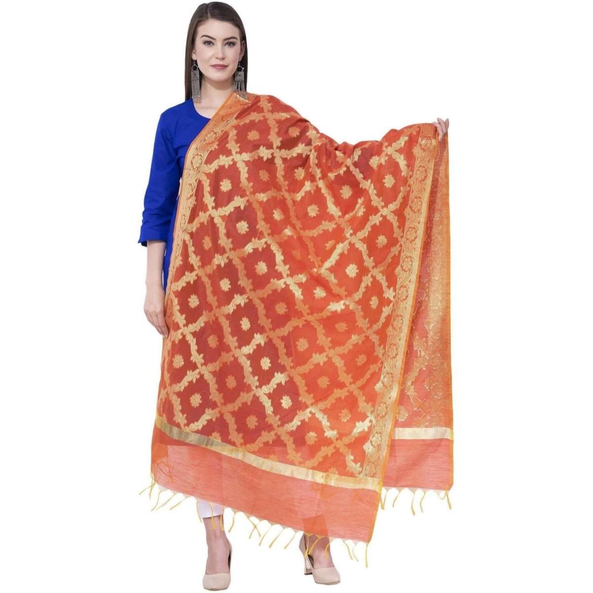 A R Silk Orange Color VNS Pastle Chanderi Cotton Dupattas | Grocsy