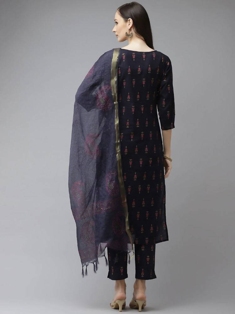 Yufta Women Navy Blue Ethnic Motifs Printed Regular Thread Work Kurta with Palazzo & With Dupatta | Grocsy