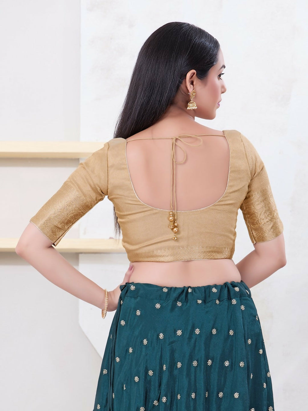Joban Fashion Light-Gold Brocade Elbow Sleeveless Front Open Blouse | Grocsy