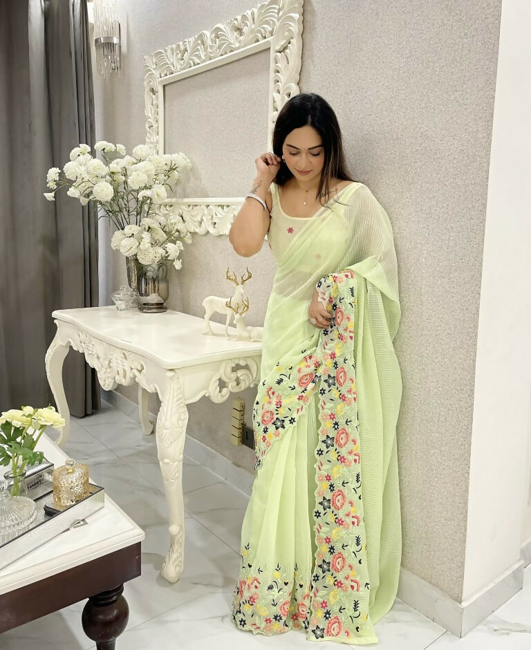 Green Shimmer Silk Multi Thread Sequence Embroidery Work Saree - Kashta | Grocsy