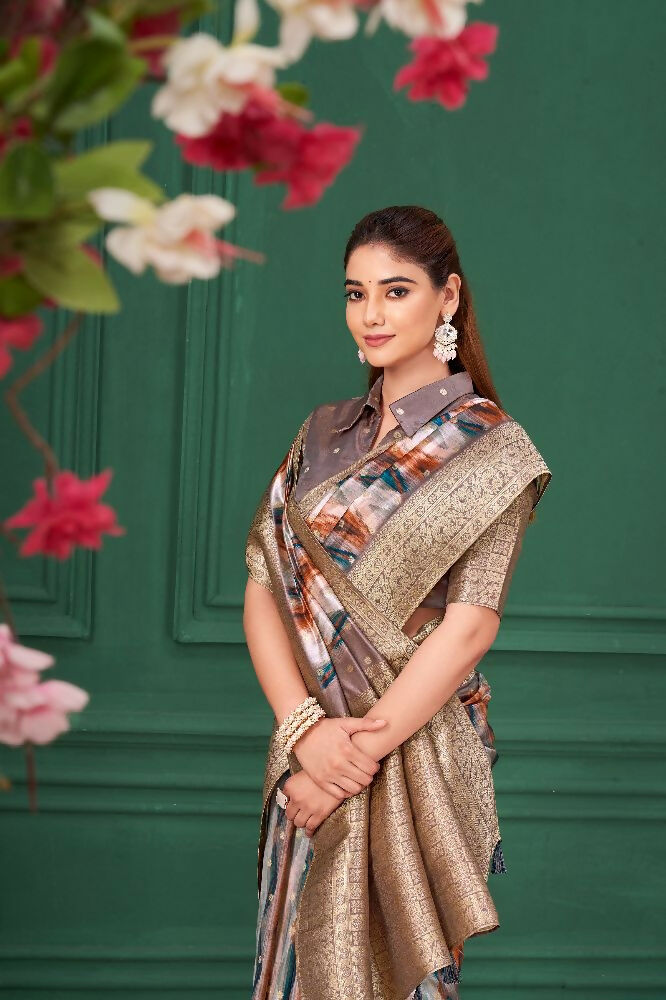 Lilac Purple Tussar Silk Jacquard Abstract Digital Print Saree with Unstitched Blouse - Mohira | Grocsy