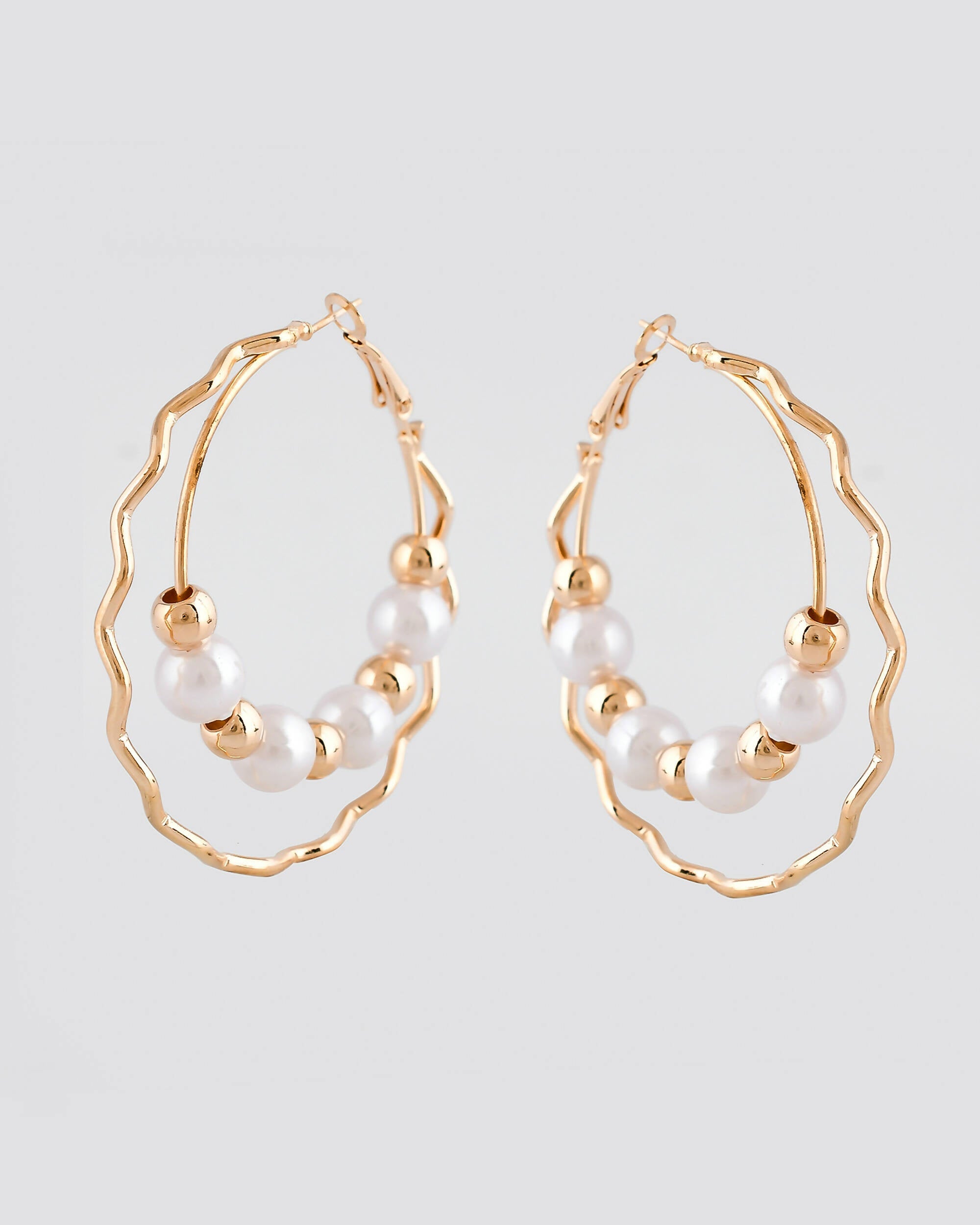 VOJ Women Gold-Polished Pearl Stainless Steel Hoop Earrings | Grocsy