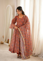 Teeya Creation Women's Multicolour Printed Ethnic Gown with Bell Sleeves and Designer Dupatta | Grocsy
