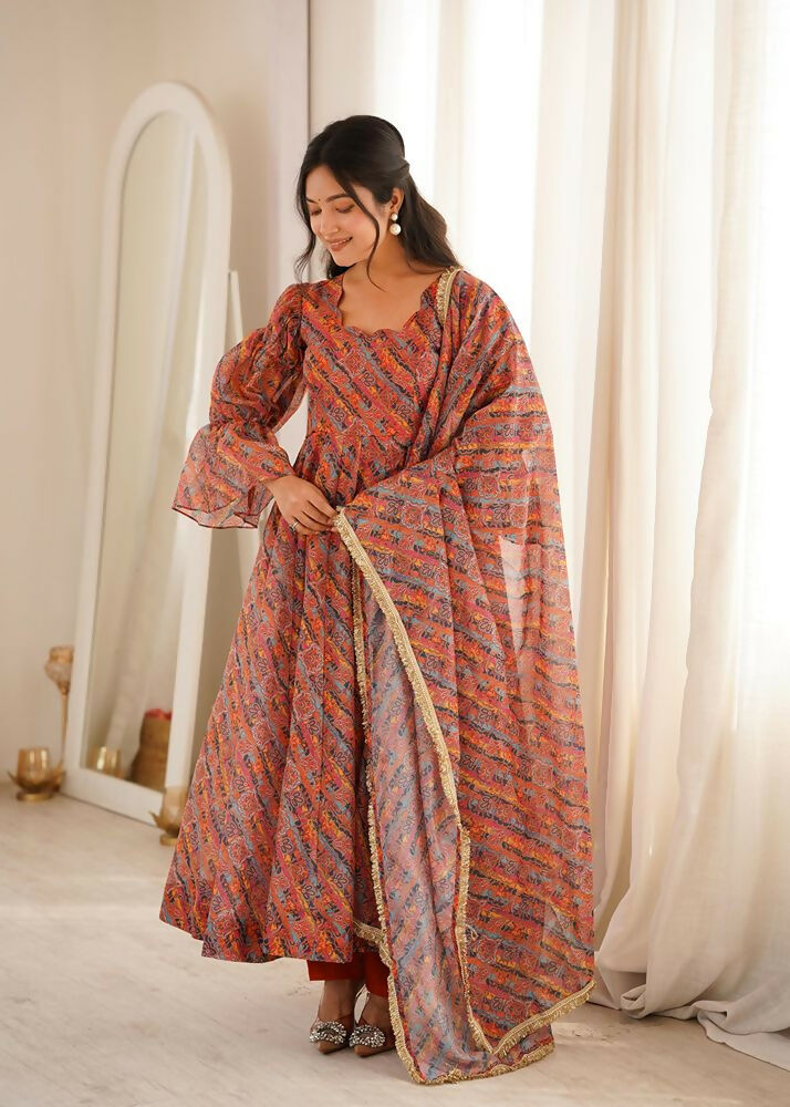 Teeya Creation Women's Multicolour Printed Ethnic Gown with Bell Sleeves and Designer Dupatta | Grocsy