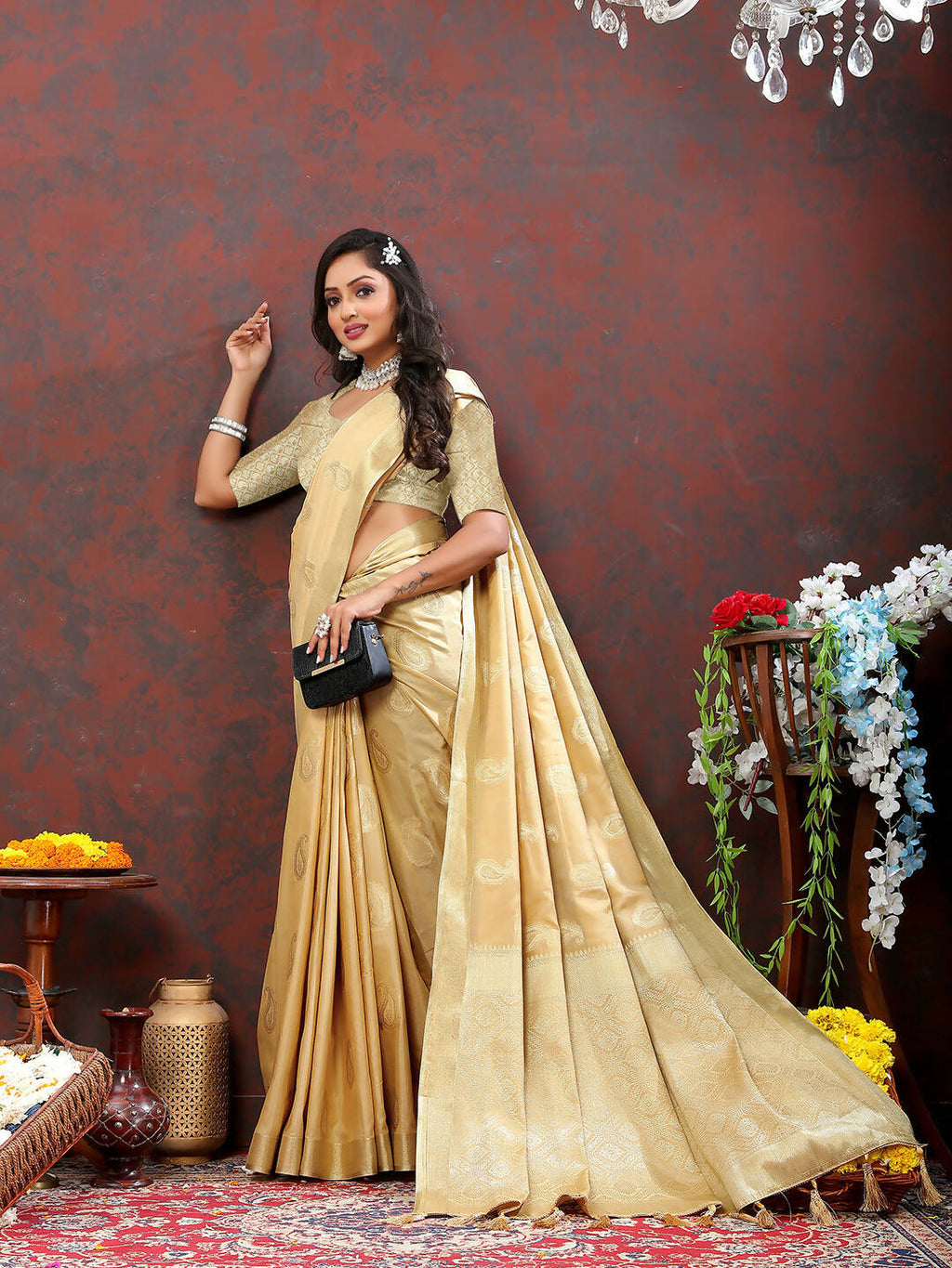 Lorenvalley Fashion Cream Cotton Woven Design with Zari Weaving Design Saree | Grocsy