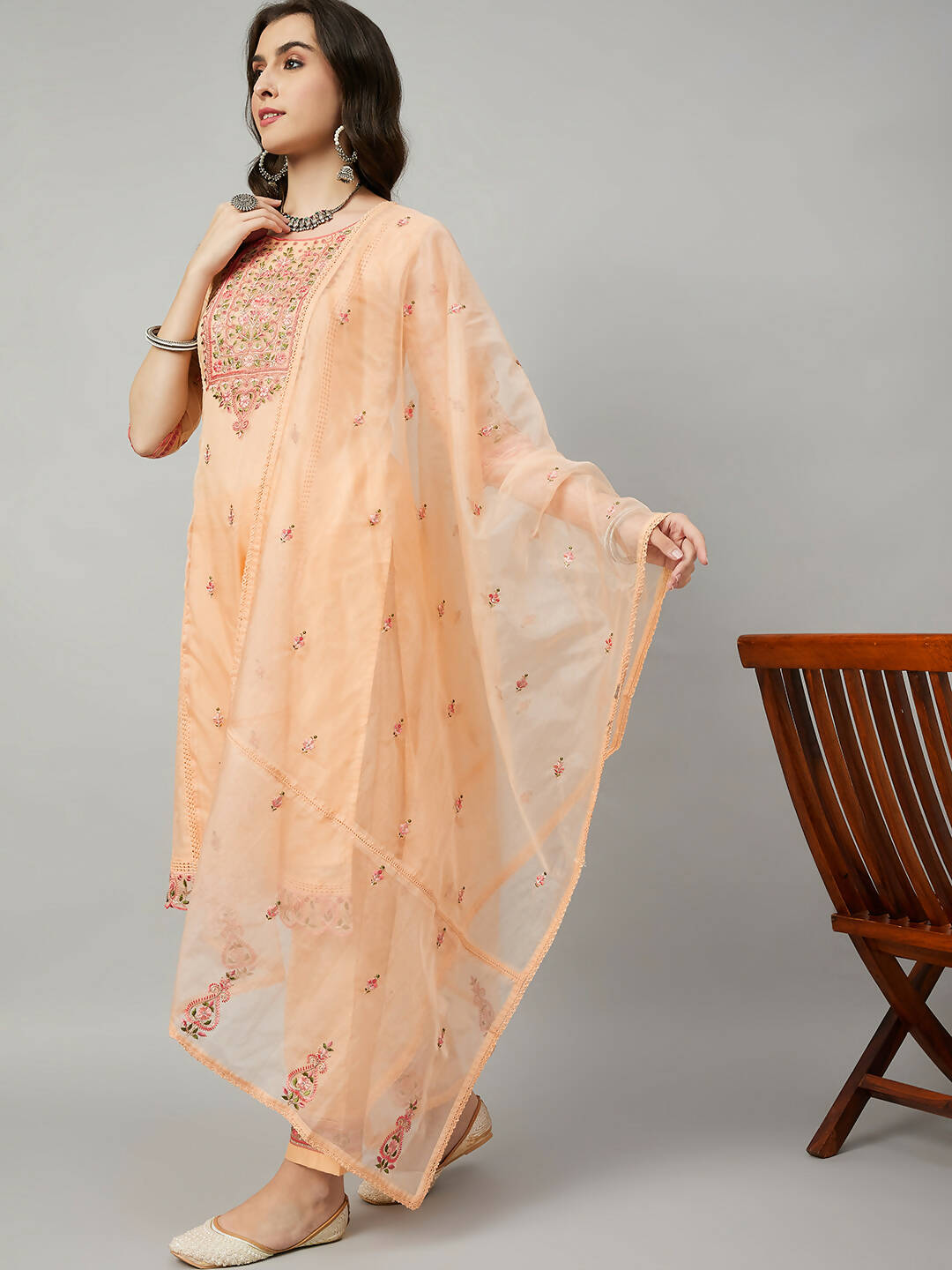 Orange Organza Embroidered Kurta with Bottom & Dupatta - Salimar | Grocsy