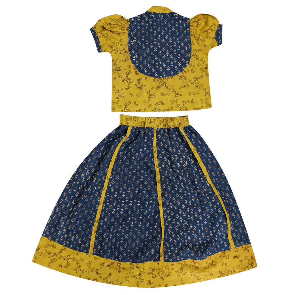 Mhyssa Block Printed Blue Ghagra Choli With Stand Collar & Puff Sleeves Set | Grocsy
