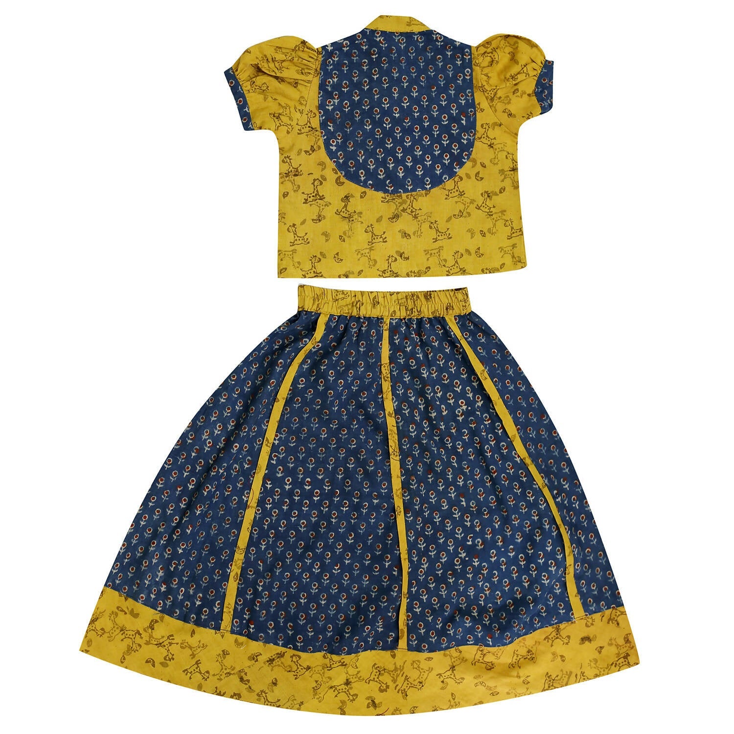 Mhyssa Block Printed Blue Ghagra Choli With Stand Collar & Puff Sleeves Set | Grocsy
