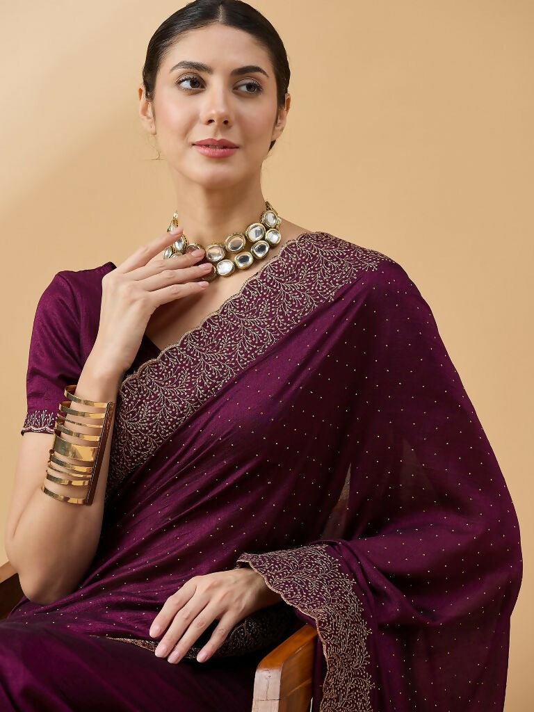 Purple Silk Blend Embroidered Saree with Unstitched Blouse - Vairagi | Grocsy