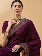 Purple Silk Blend Embroidered Saree with Unstitched Blouse - Vairagi | Grocsy