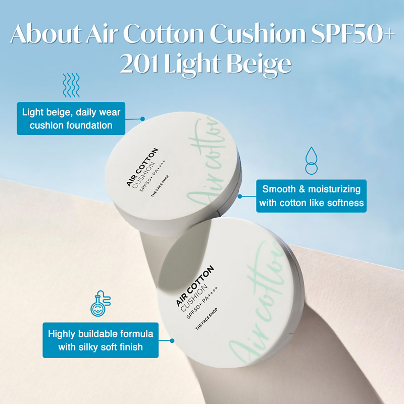 The Face Shop Air Cotton Cushion SPF 50+ PA++++ - 201 Light Beige | Grocsy
