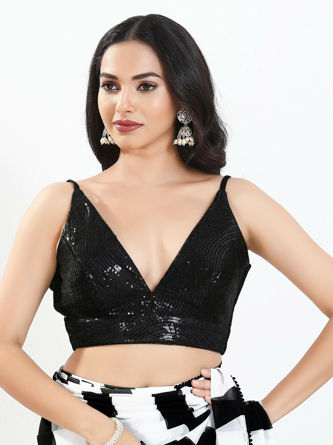 Joban Fashion Black Sequin Padded Blouse With V Neck Sleeveless | Grocsy