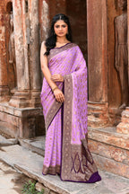 Joban Fashion Lavender Crepe Chiffon Pure Handloom Banarasi Silk Saree | Grocsy